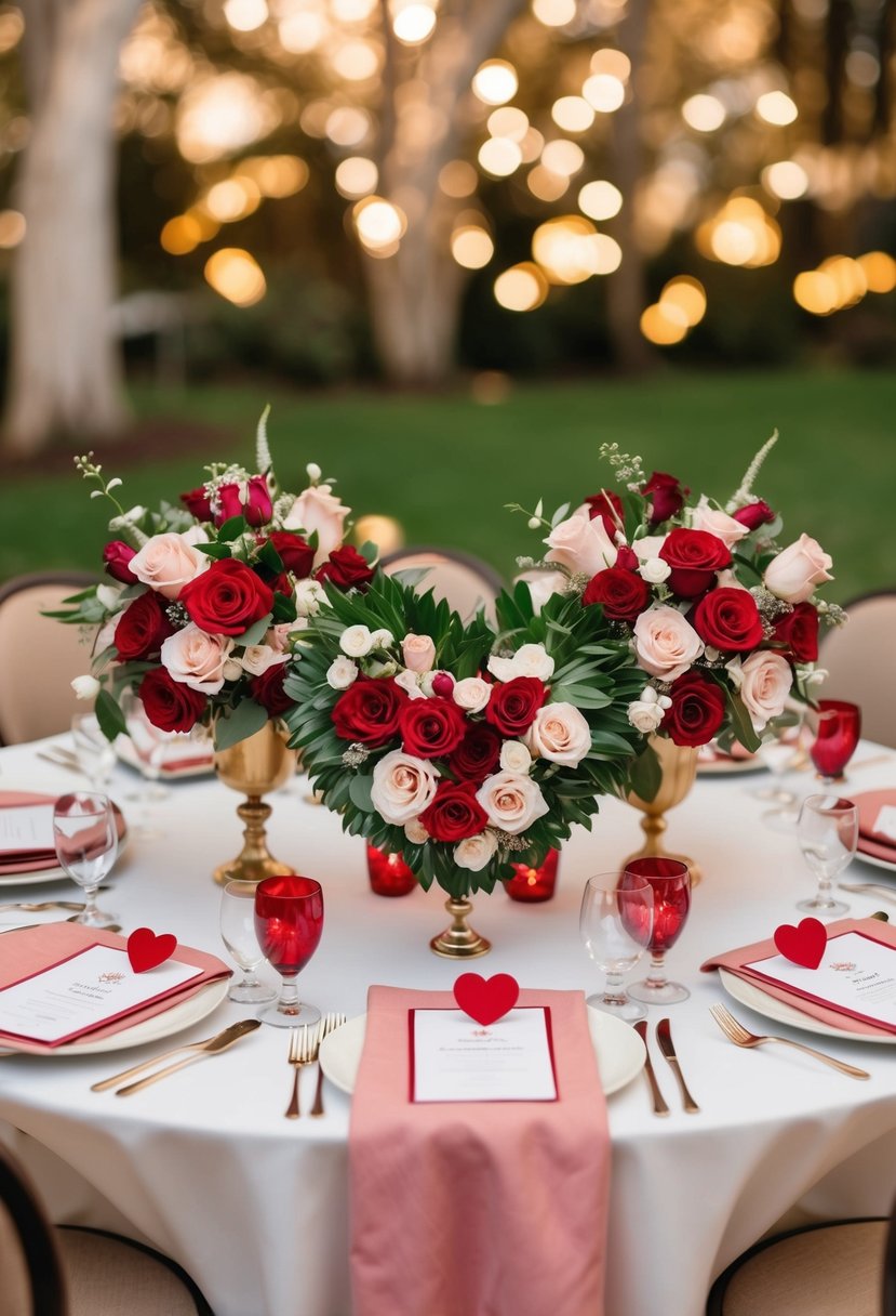 A table set with heart-shaped floral arrangements for a romantic Valentine's Day wedding