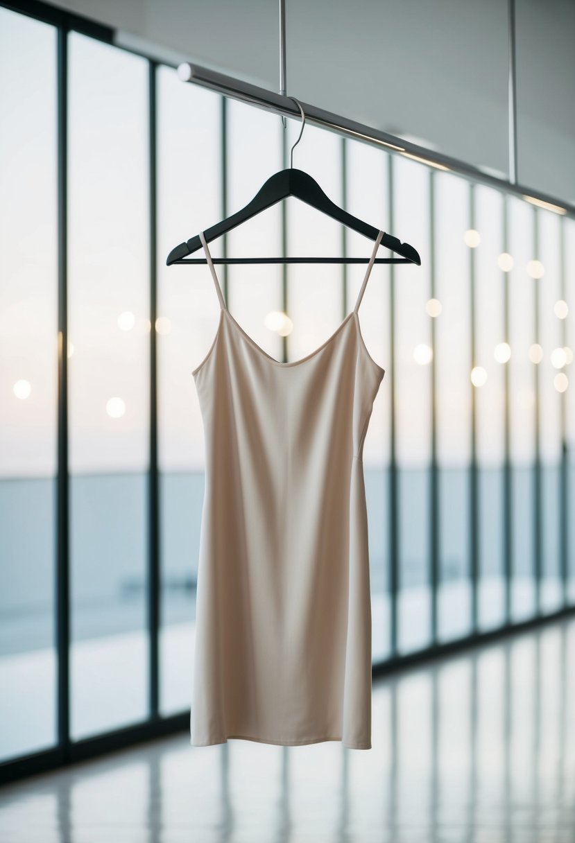 A simple slip dress hangs on a sleek hanger against a clean, modern backdrop