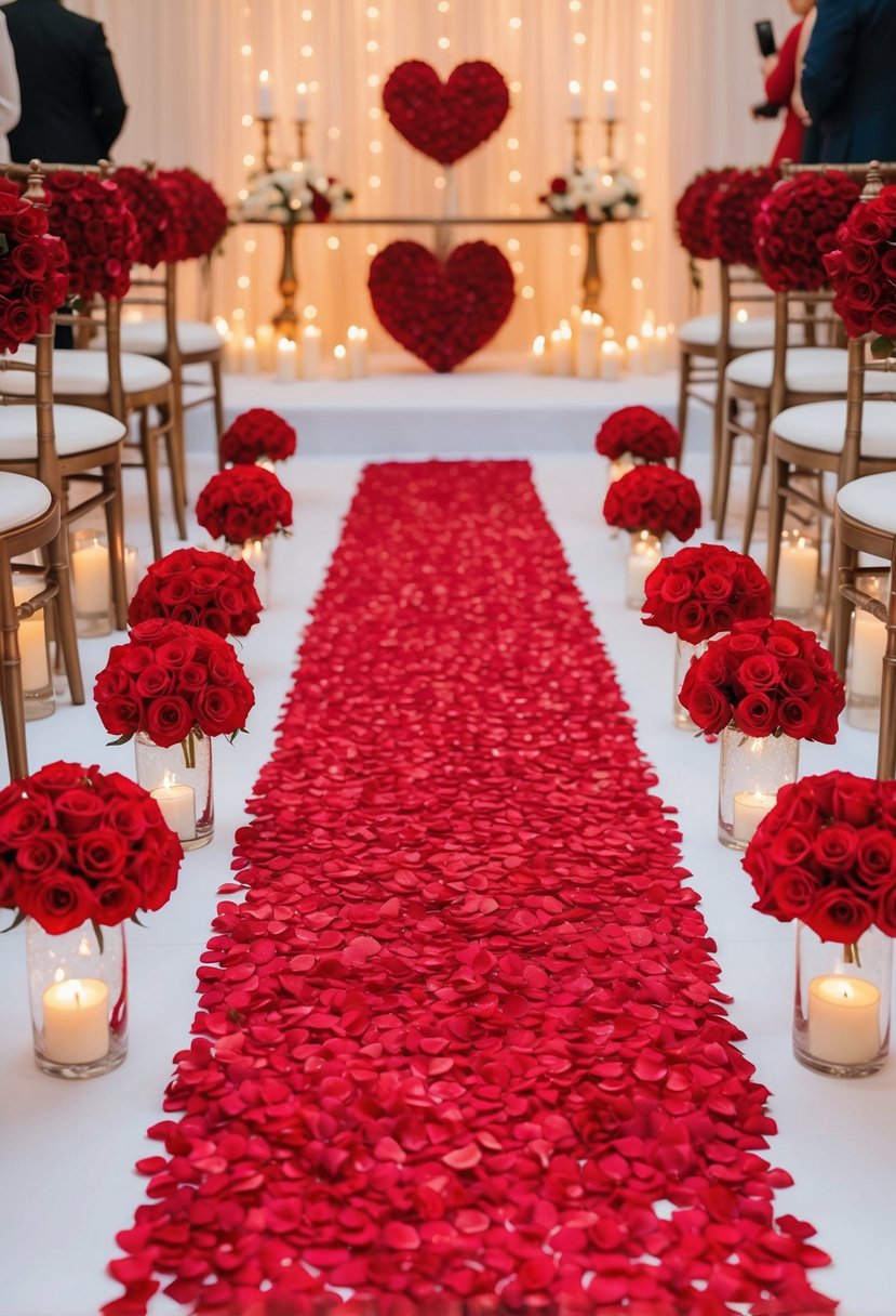 A red rose petal aisle runner leading to a romantic wedding altar, surrounded by candles and soft lighting for a Valentine's Day celebration