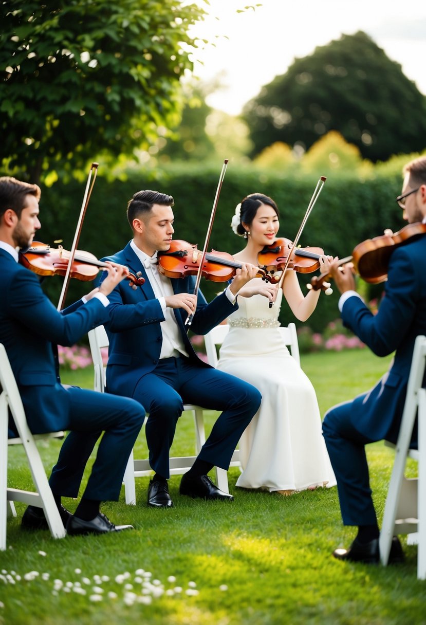 A string quartet plays romantic tunes in a garden setting for a wedding ceremony