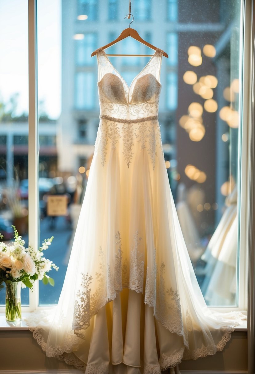 A flowing high-low hemline dress, adorned with delicate lace and intricate beading, hangs in a sunlit bridal boutique window