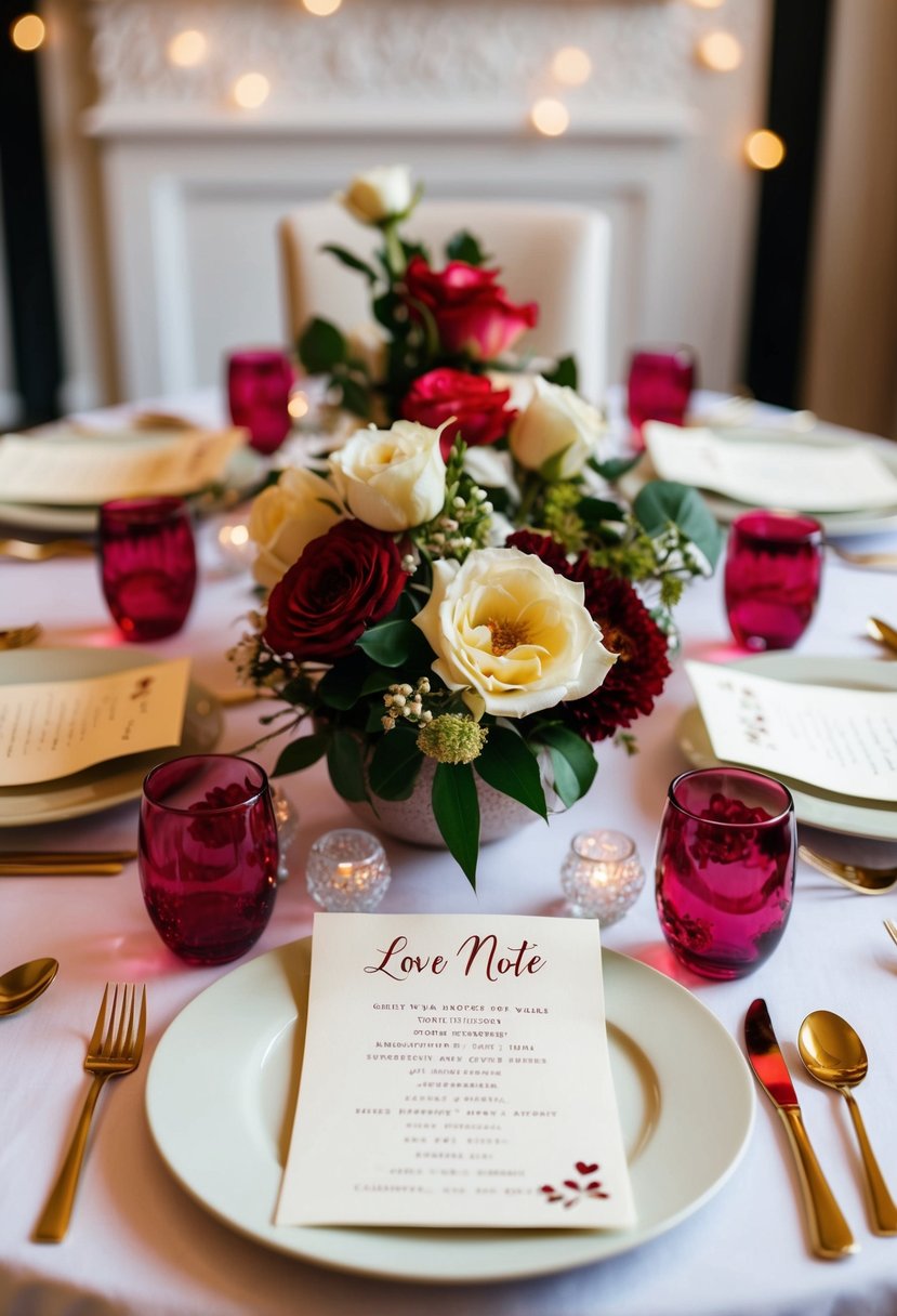 A table set with individual love notes for each guest, surrounded by romantic decor and flowers