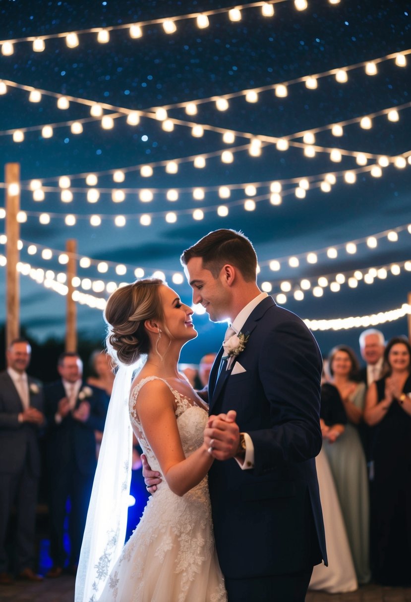 A couple's first dance under a starry night sky, surrounded by twinkling lights and a soft, romantic ambiance