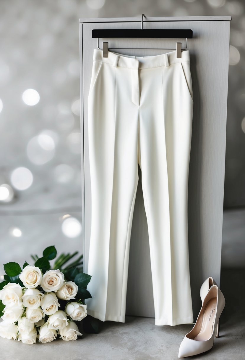 A sleek ivory pantsuit hangs on a hanger, paired with matching heels and delicate jewelry. A bouquet of white roses sits nearby