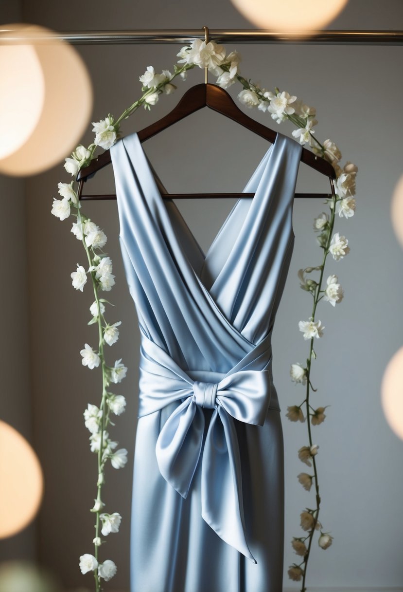 A silk wrap dress with a large bow draped over a hanger, surrounded by soft lighting and delicate floral accents