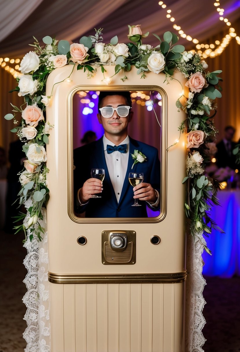 A vintage-style photo booth adorned with flowers, lace, and twinkling lights at a romantic wedding reception