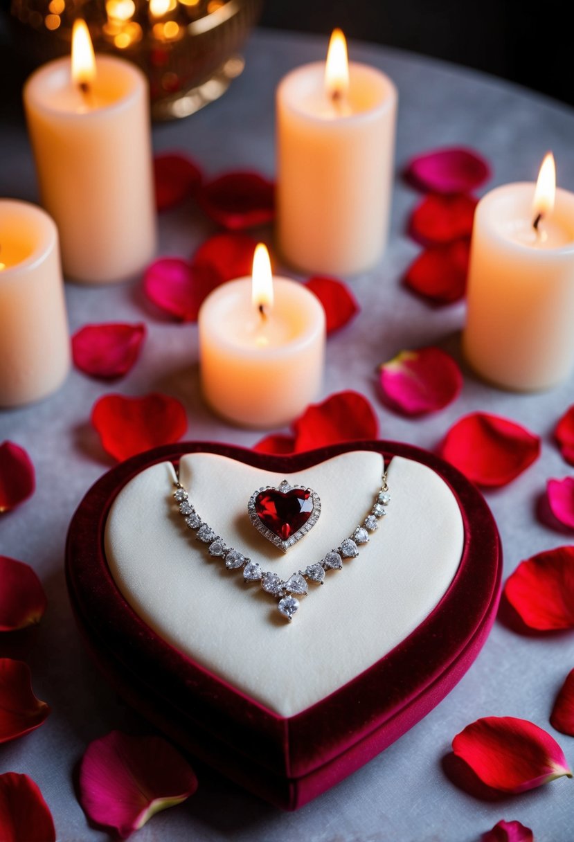 Heart-shaped jewelry displayed on a velvet cushion surrounded by rose petals and candles