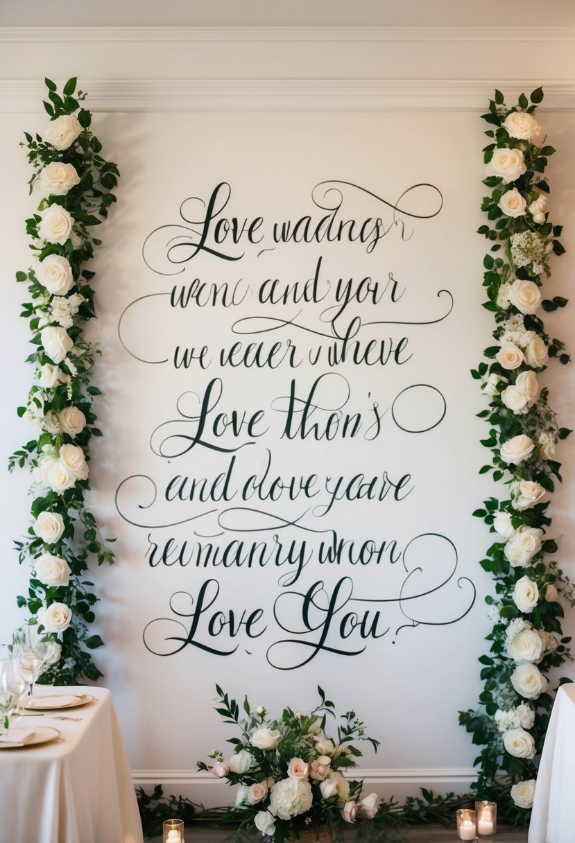 A wall adorned with love quotes in elegant calligraphy, surrounded by romantic wedding decor