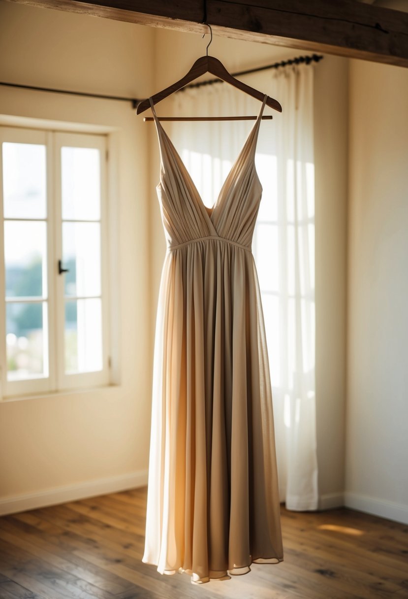 A flowing beige chiffon dress hanging on a rustic wooden hanger in a sunlit room