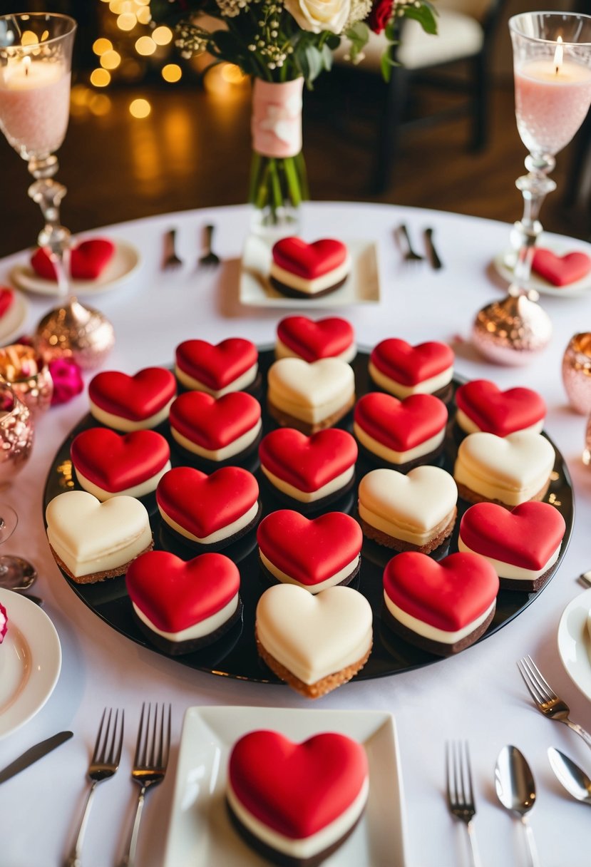 Heart-shaped desserts arranged on a table with romantic decor for a Valentine's Day wedding celebration