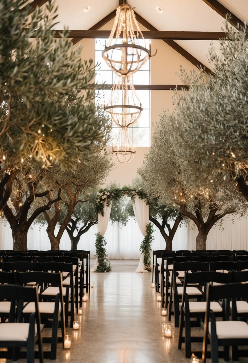 An indoor olive grove with rustic decor, soft lighting, and romantic ambiance for a wedding setting