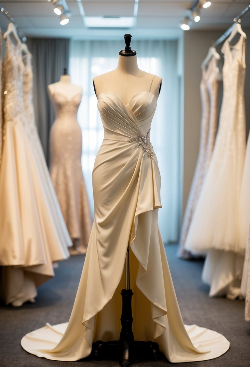 A flowing, asymmetrical hem cocktail dress draped over a mannequin in a softly lit bridal boutique