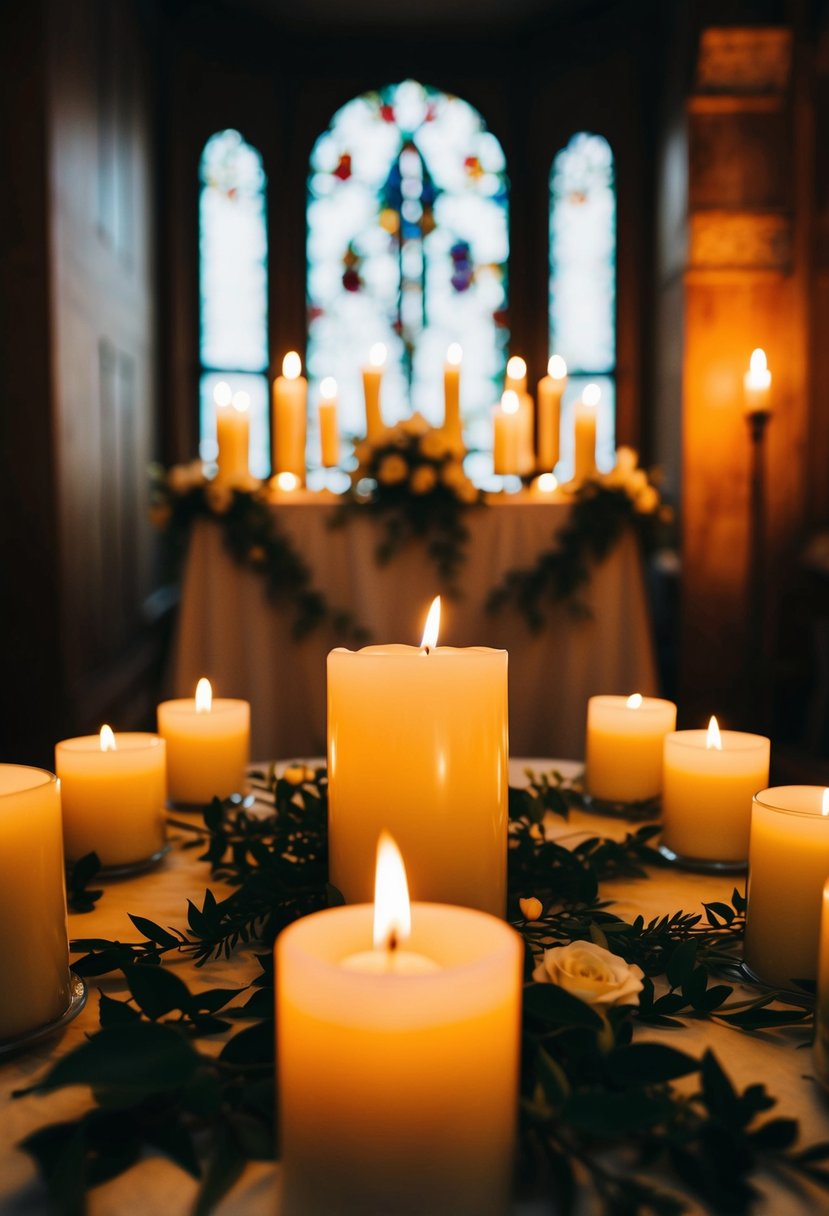 A dimly lit room with flickering candles casting a warm glow over a beautifully decorated wedding altar