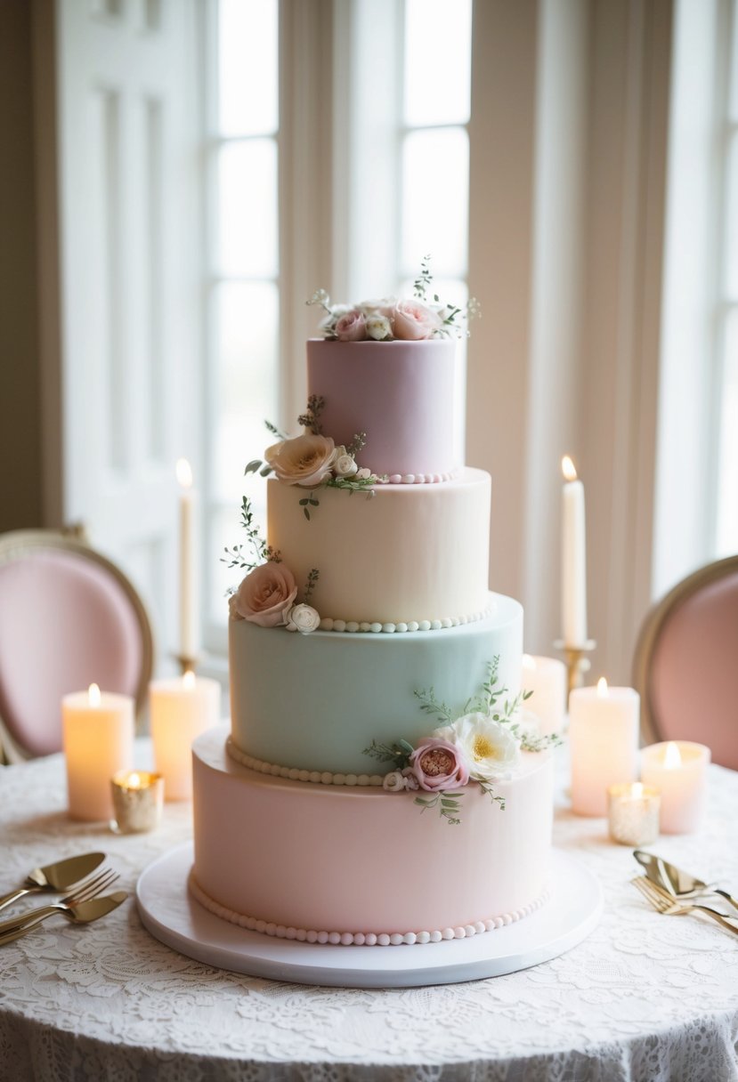 A three-tiered pastel wedding cake with delicate floral accents sits on a lace-covered table, surrounded by soft candlelight and vintage-inspired decor