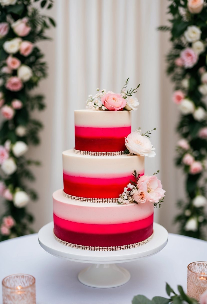 A three-tiered wedding cake with pink and red ombré frosting, adorned with delicate floral decorations, set against a romantic backdrop