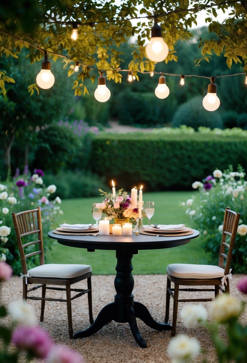 A table set for two under hanging lights in a garden, surrounded by flowers and candles