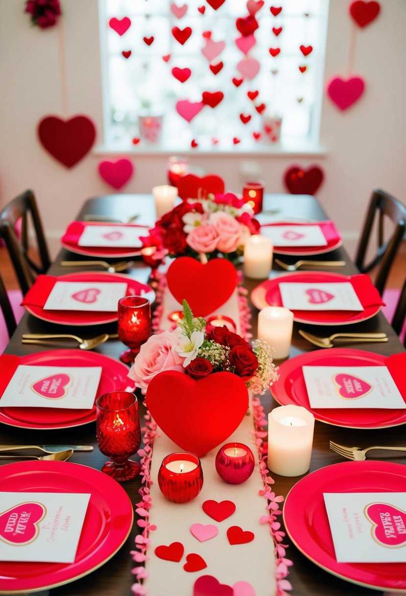 A table set with red and pink heart-shaped decorations, surrounded by flowers and candles, with Valentine's Day-themed invitations scattered around