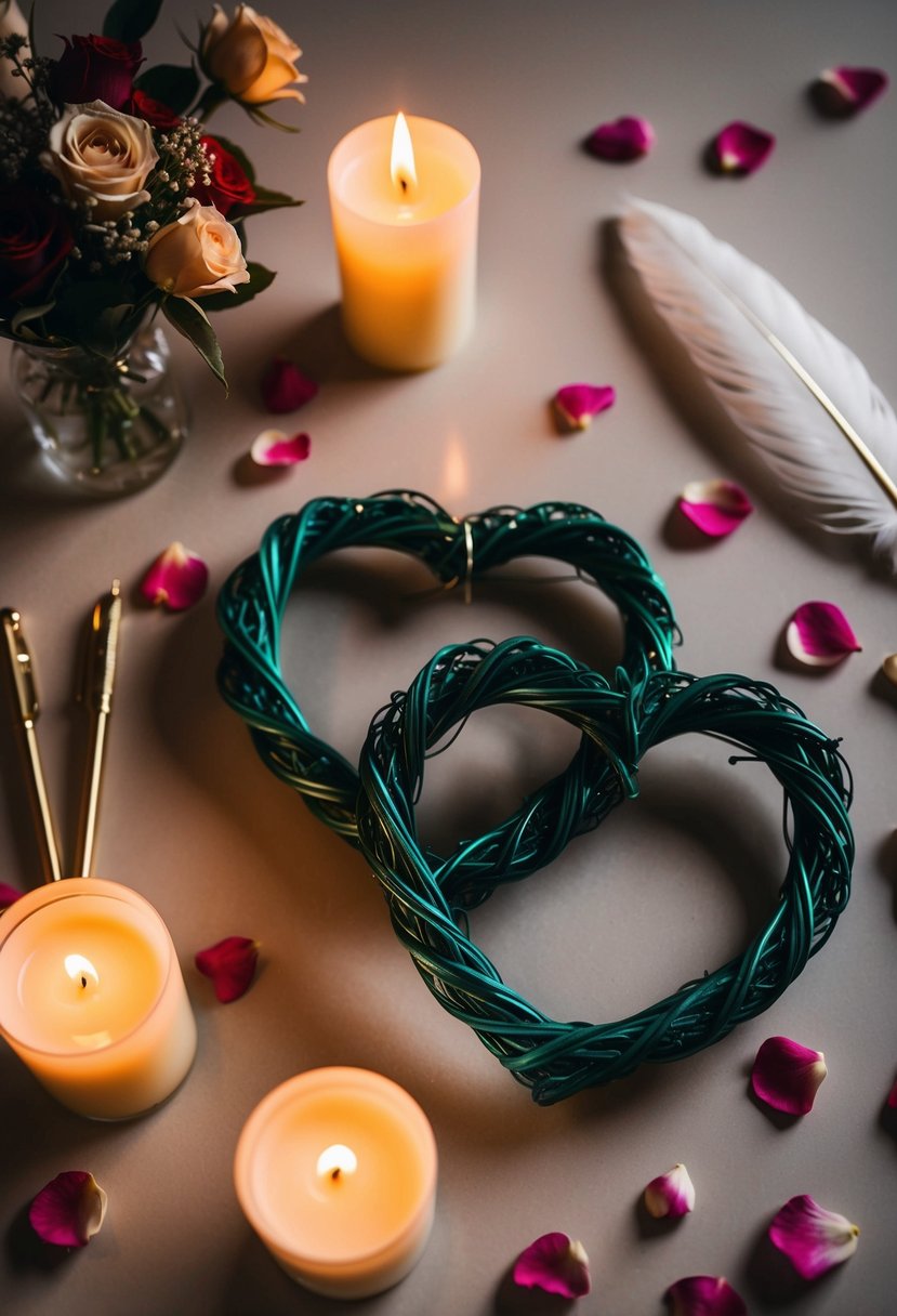 A candlelit table with two intertwined heart-shaped wreaths, surrounded by scattered rose petals and a pair of elegant quill pens