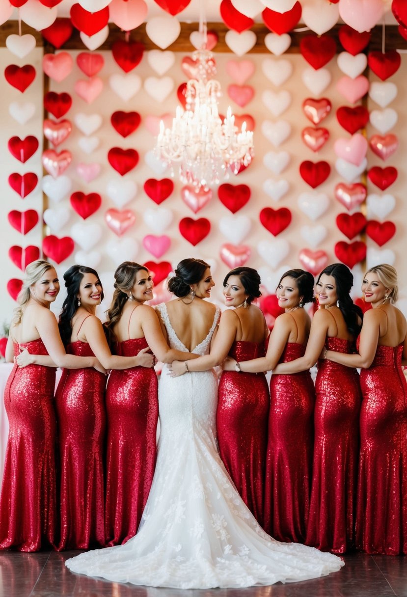 Shimmering red bridesmaid dresses stand out against a romantic backdrop of Valentine's Day wedding decor