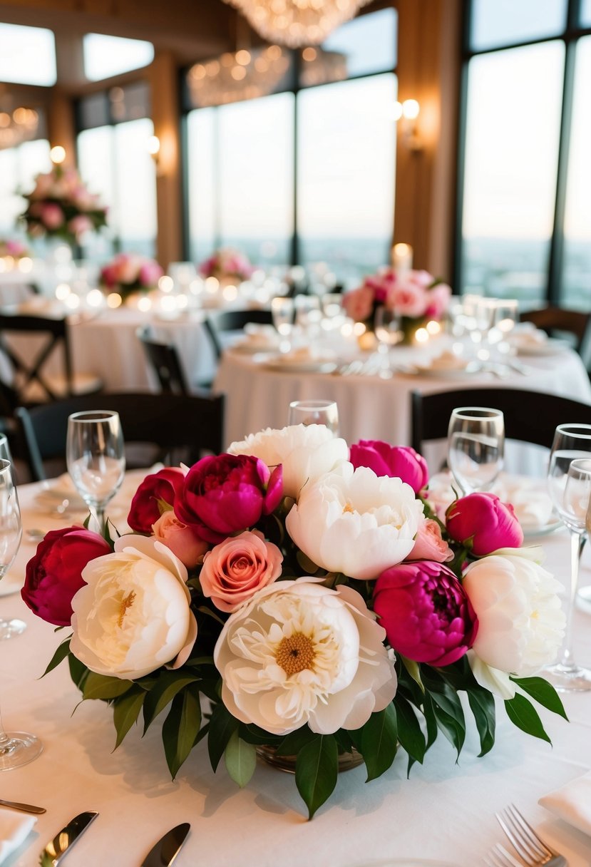 A table set with lush roses and peonies centerpieces for a romantic Valentine's Day wedding celebration