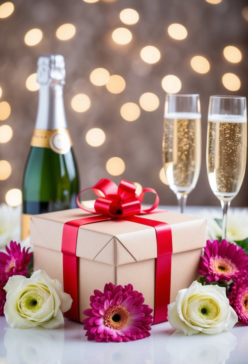 A beautifully wrapped gift box surrounded by elegant flowers and champagne glasses