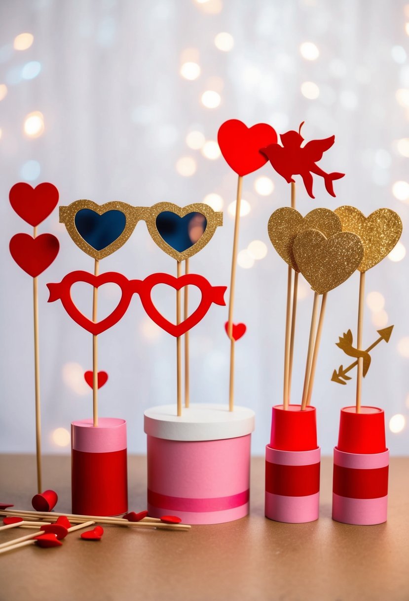 A collection of love-themed photo booth props arranged on a table, including heart-shaped glasses, cupid arrows, and red lips on sticks