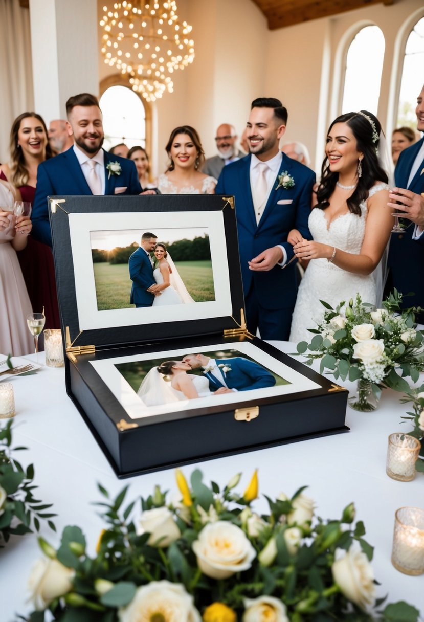 A couple's personalized photo album displayed on a table with wedding decor and flowers, surrounded by happy guests