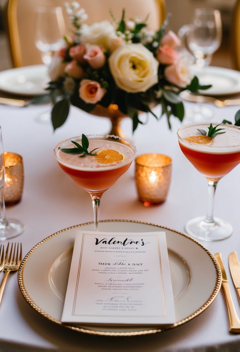 A romantic table setting with two elegant cocktails and a menu featuring Valentine's Day wedding ideas