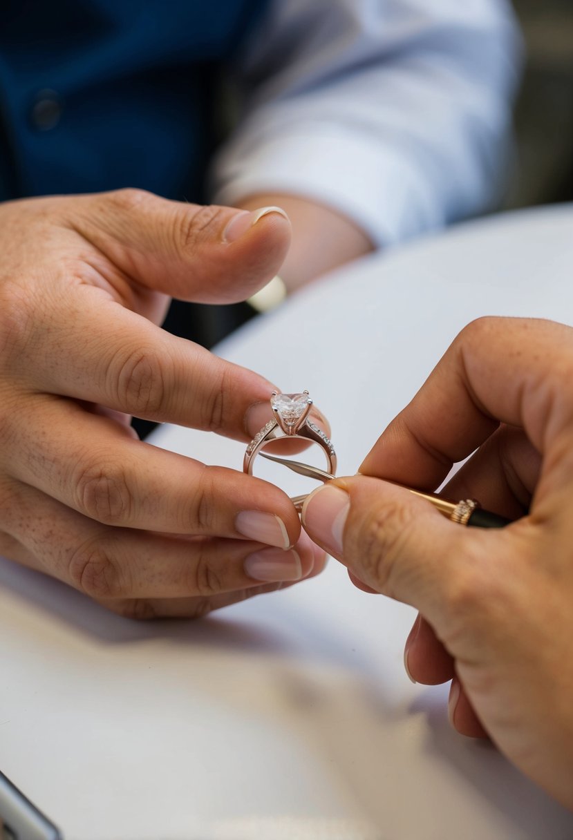 A hand reaching out to a jeweler, pointing to a wedding ring. The jeweler is holding a small engraving tool, ready to inscribe a message onto the ring