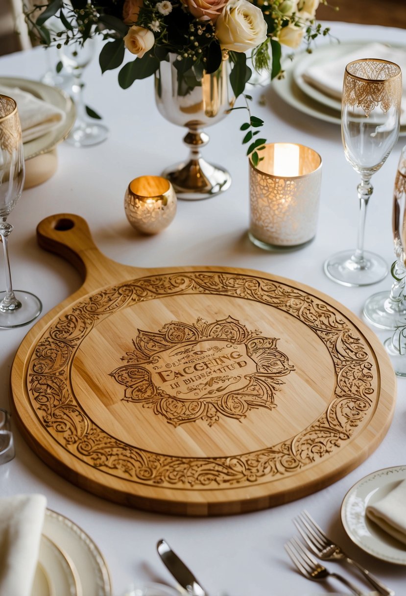 A beautifully engraved cutting board with intricate designs, surrounded by elegant wedding decor