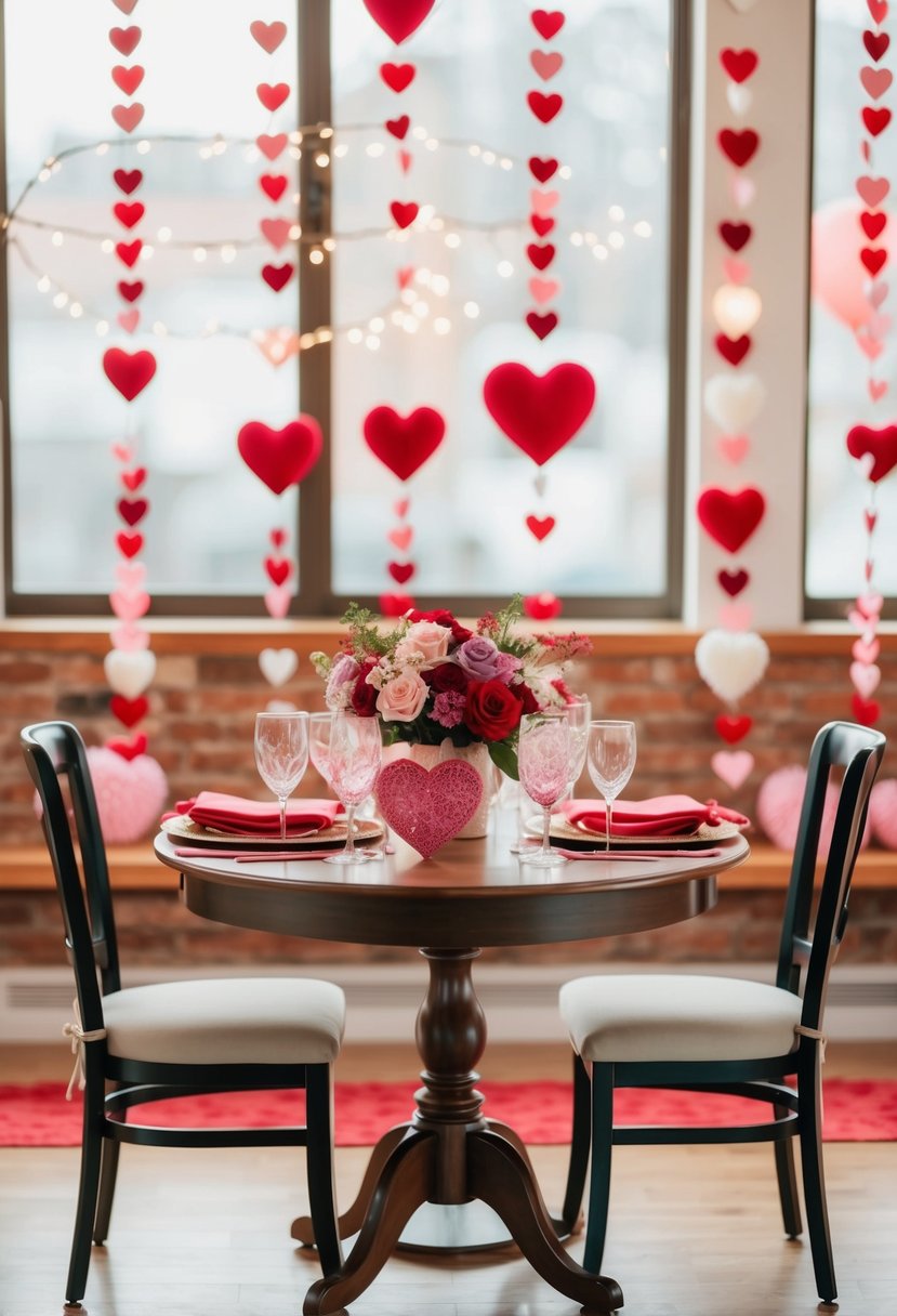 A beautifully decorated sweetheart table with romantic Valentine's Day-themed decor and flowers