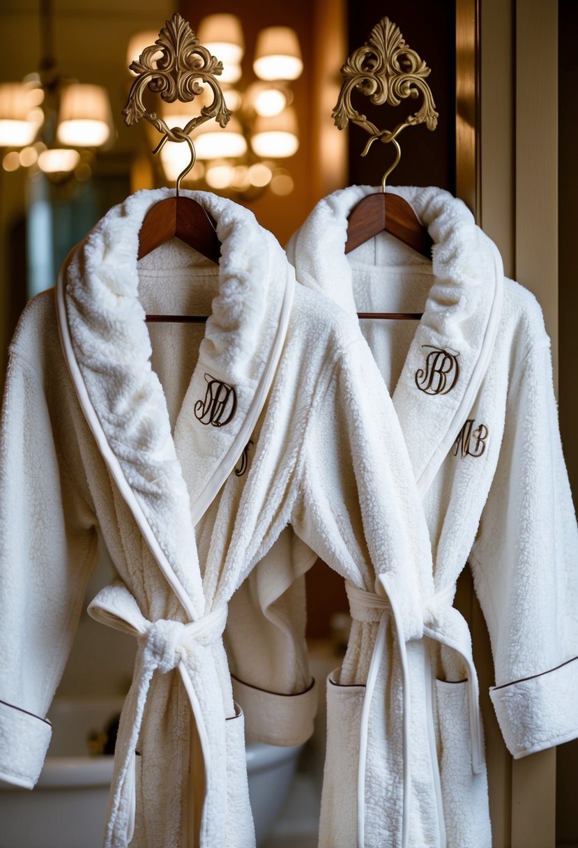 Two plush, monogrammed bathrobes hang side by side on ornate hooks in a luxurious bathroom