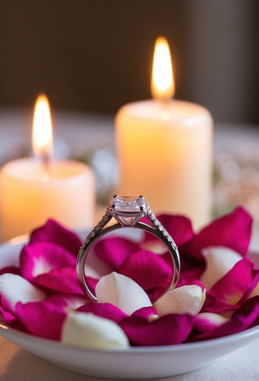 A wedding ring resting on a bed of rose petals, surrounded by soft candlelight