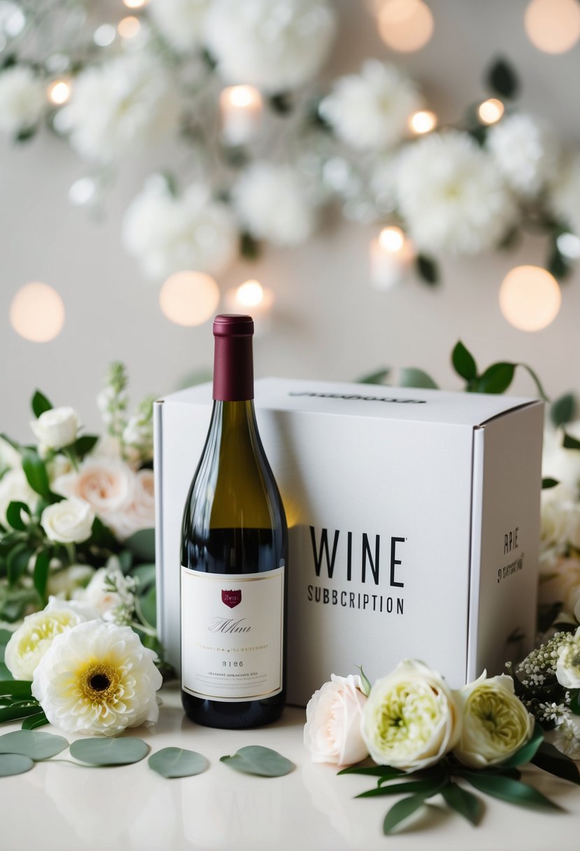 A wine subscription box surrounded by elegant wedding decor and flowers