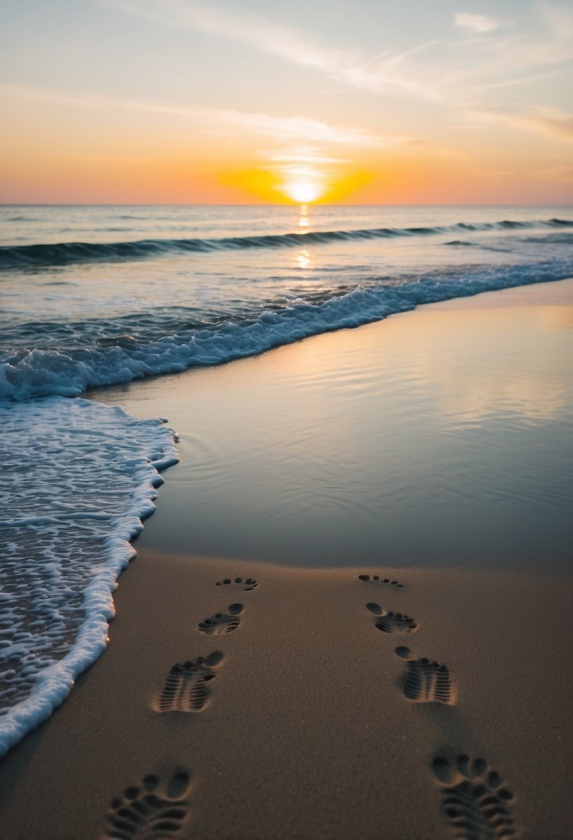 A serene beach at sunset, waves gently lapping the shore, with two sets of footprints leading towards each other in the sand