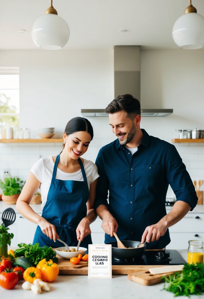 A couple cooking together in a bright, modern kitchen, surrounded by fresh ingredients and utensils, with a voucher for a cooking class displayed prominently