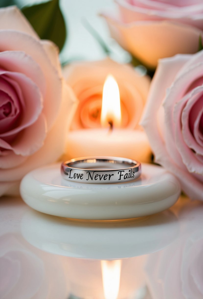 A delicate wedding ring with "Love Never Fails" engraved, surrounded by blooming roses and soft candlelight