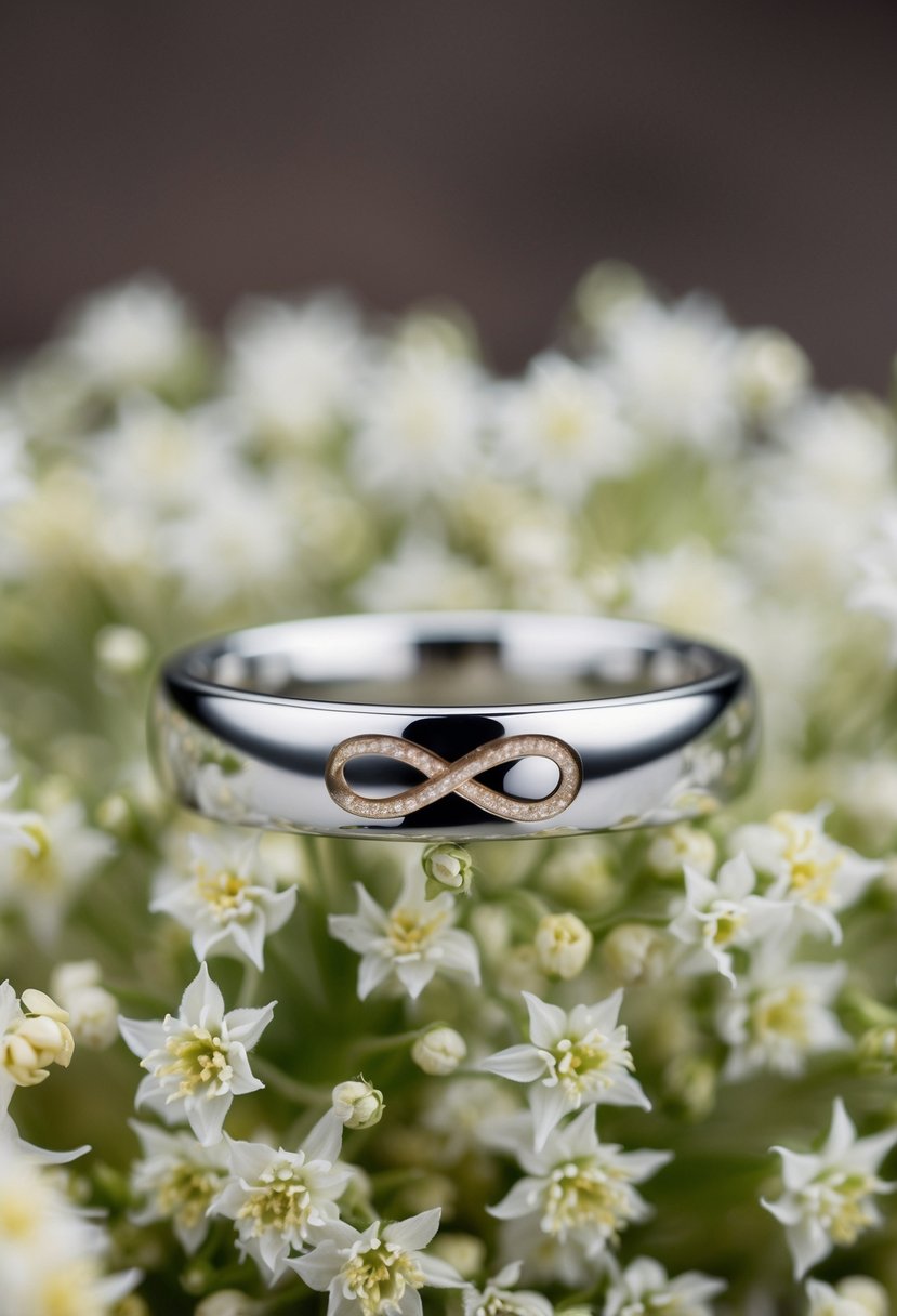 A wedding ring with an infinity symbol engraved on the inside, resting on a bed of delicate white flowers