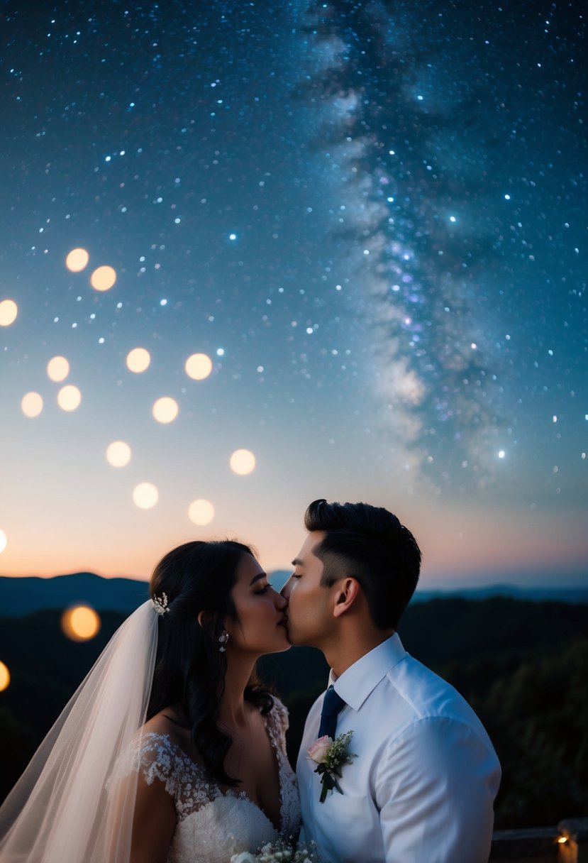 A couple gazes up at the night sky, surrounded by twinkling stars and a personalized star map, a thoughtful wedding gift