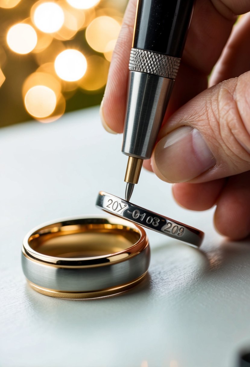 A close-up of two wedding rings with a jeweler engraving a special date onto one of them