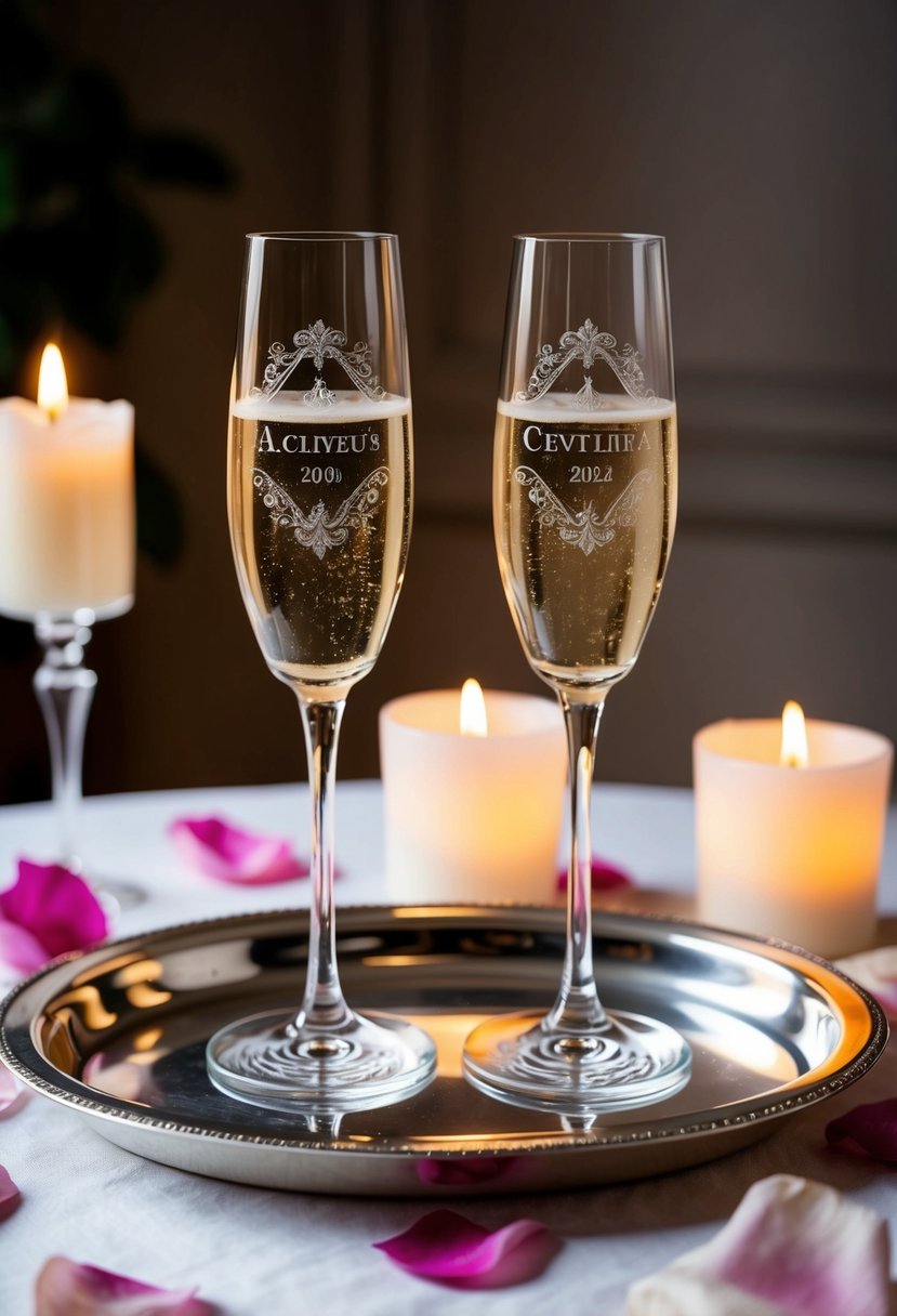 Two elegant champagne flutes with personalized engravings sit on a silver tray, surrounded by delicate rose petals and soft candlelight