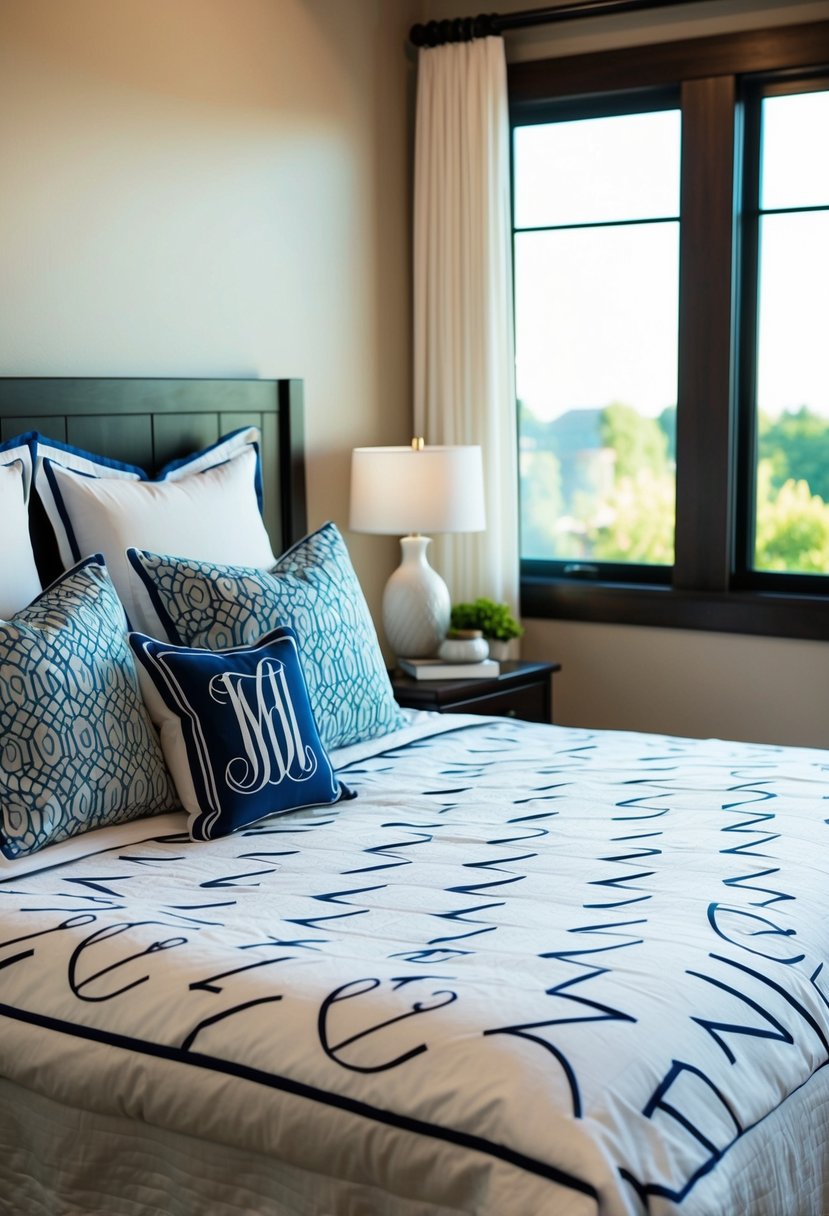 A neatly made bed with monogrammed bedding set and decorative pillows