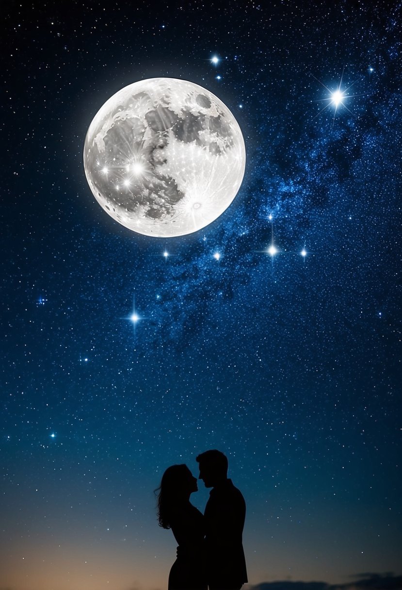 A starry night sky with a full moon shining brightly, surrounded by twinkling stars and a silhouette of a romantic couple