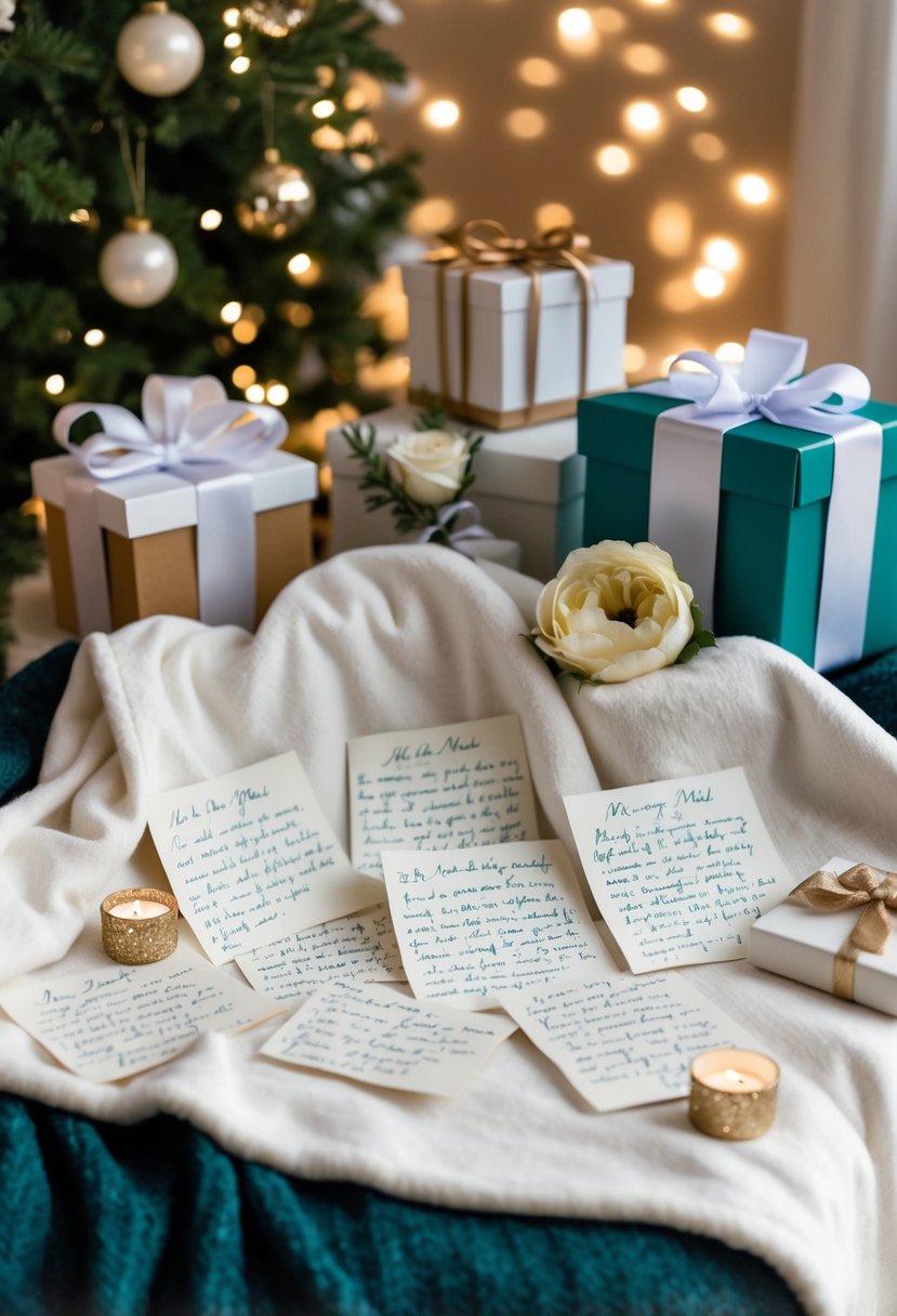 A cozy blanket covered in handwritten love letters, surrounded by wedding decor and gifts