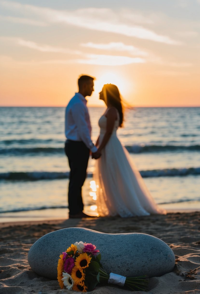 A couple's silhouette against a sunset beach backdrop, with a heart-shaped rock and a bouquet of flowers in the foreground