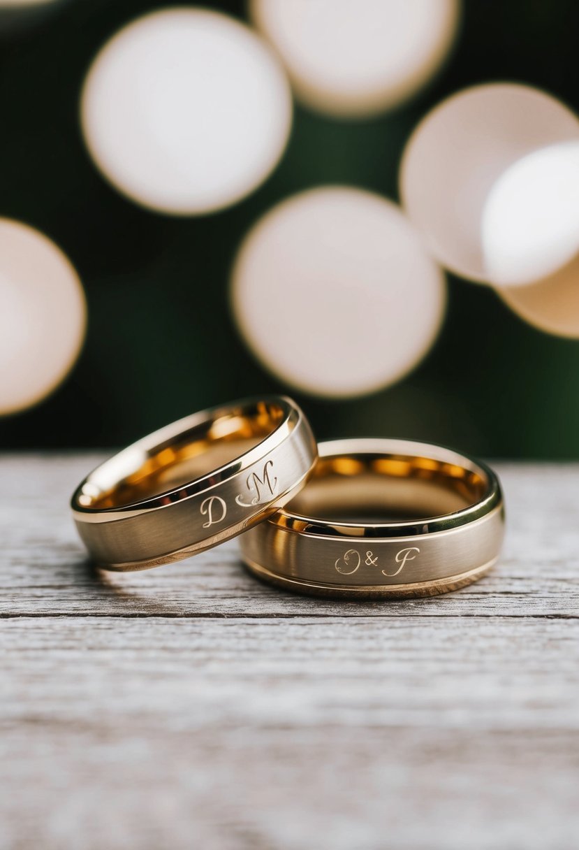 Two wedding rings entwined, each engraved with the couple's initials