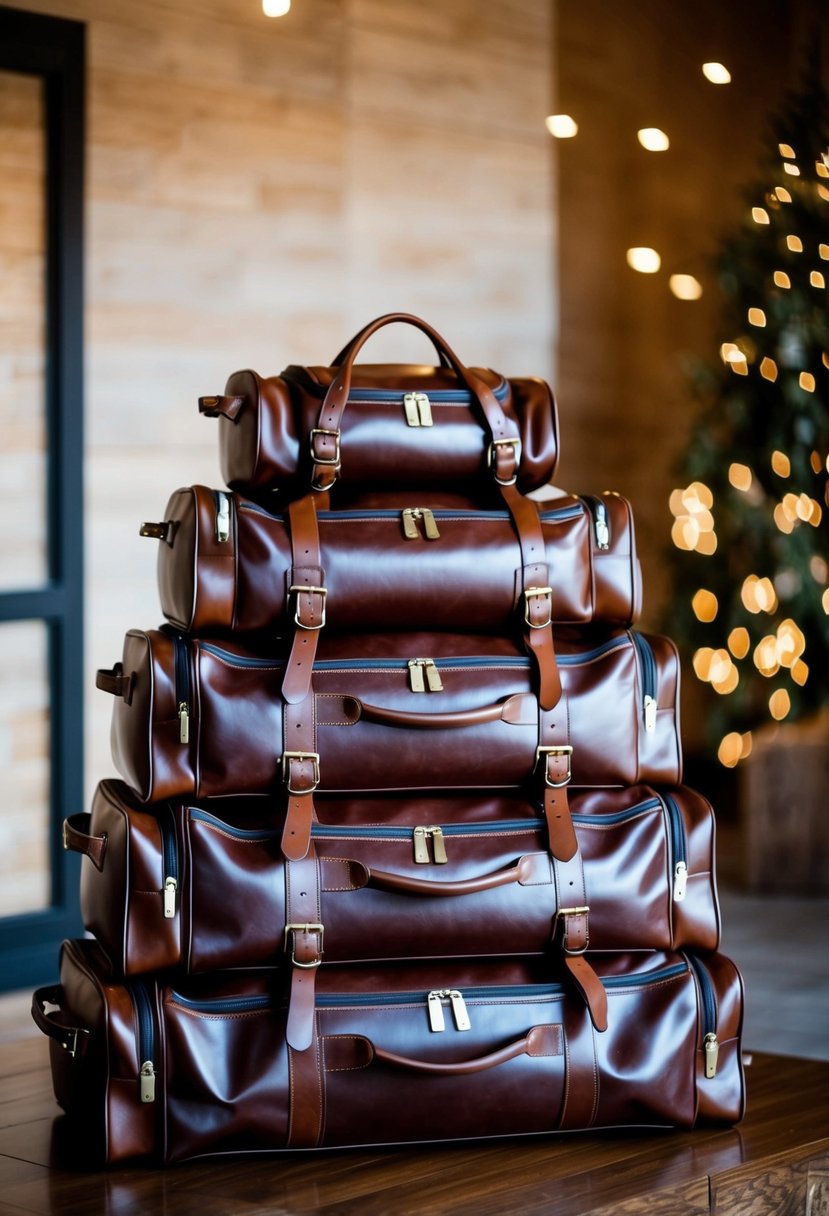 A stack of luxurious leather travel duffels arranged as wedding gifts