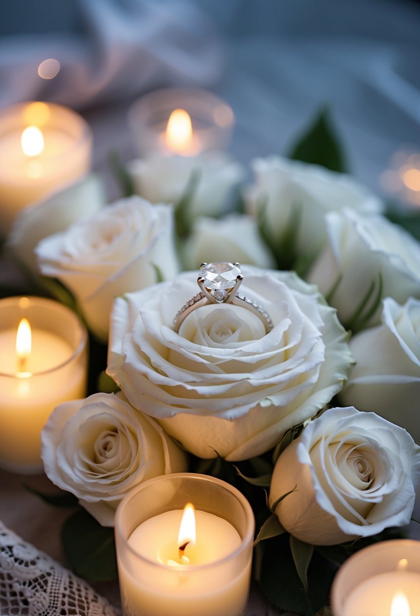 A sparkling diamond ring nestled in a bed of delicate white roses, surrounded by soft candlelight and a hint of lace