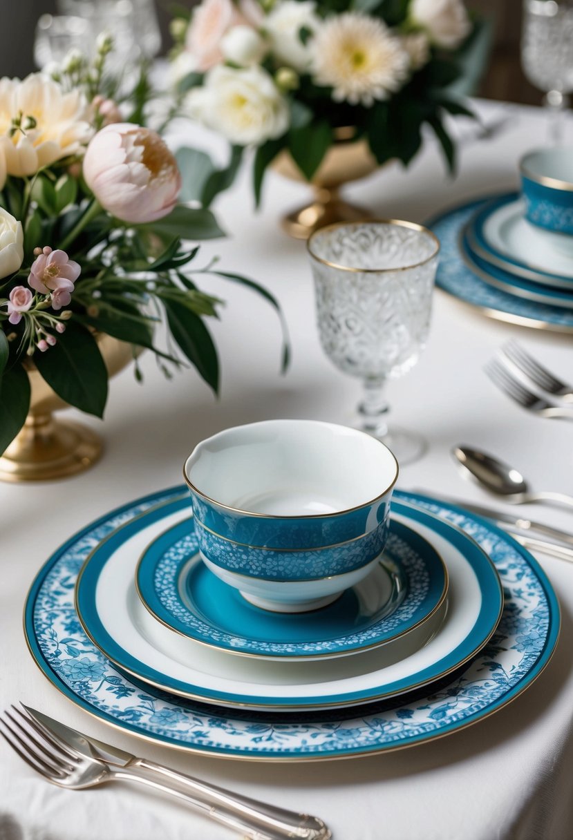 A beautifully arranged ceramic dinnerware set on a table, surrounded by elegant silverware and delicate floral decorations