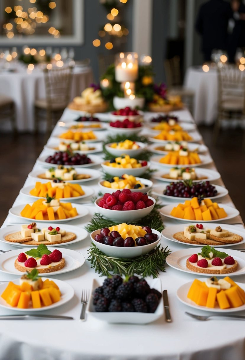 A beautifully arranged table with an assortment of elegant appetizers, including cheese platters, fruit displays, and bite-sized canapés